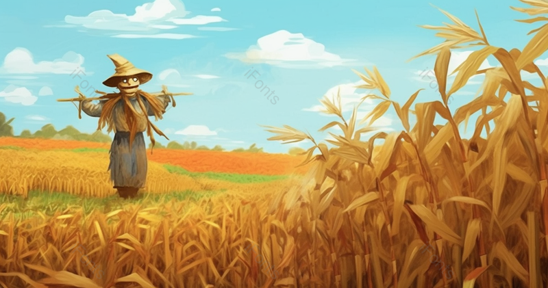 玉米地里的稻草人守护稻田插画背景,插画/手绘图,插画/手绘图库,插画/手绘图下载,插画/手绘